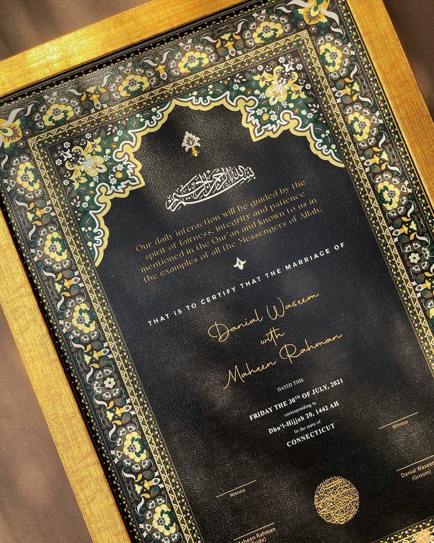 Blacked Customzied Frame With Gold Border Nikkah Frames & Nikkah Certificates