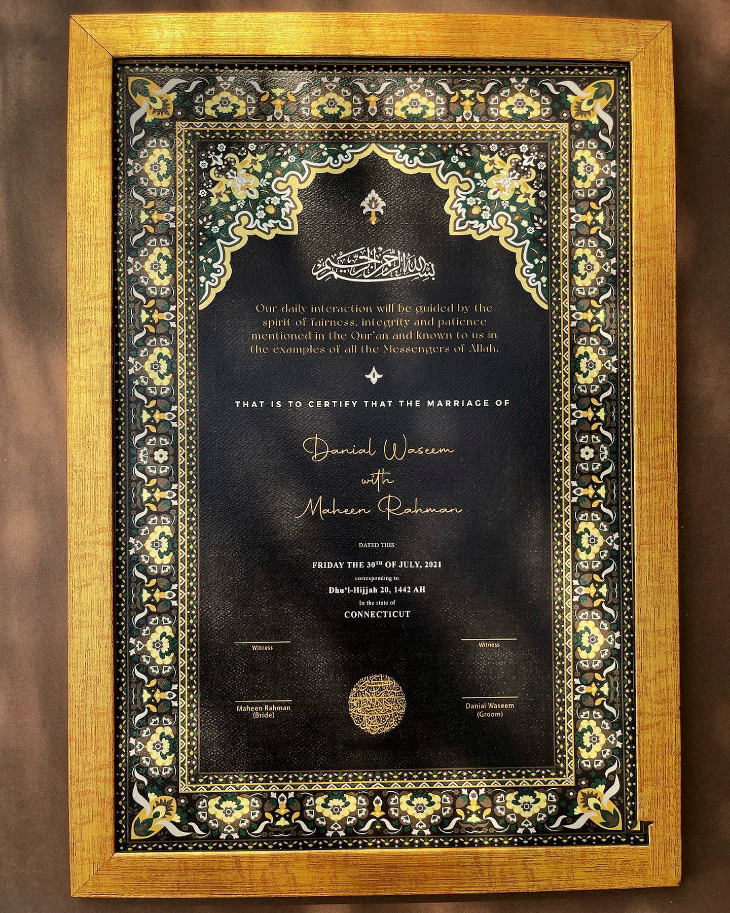 Blacked Customzied Frame With Gold Border Nikkah Frames & Nikkah Certificates