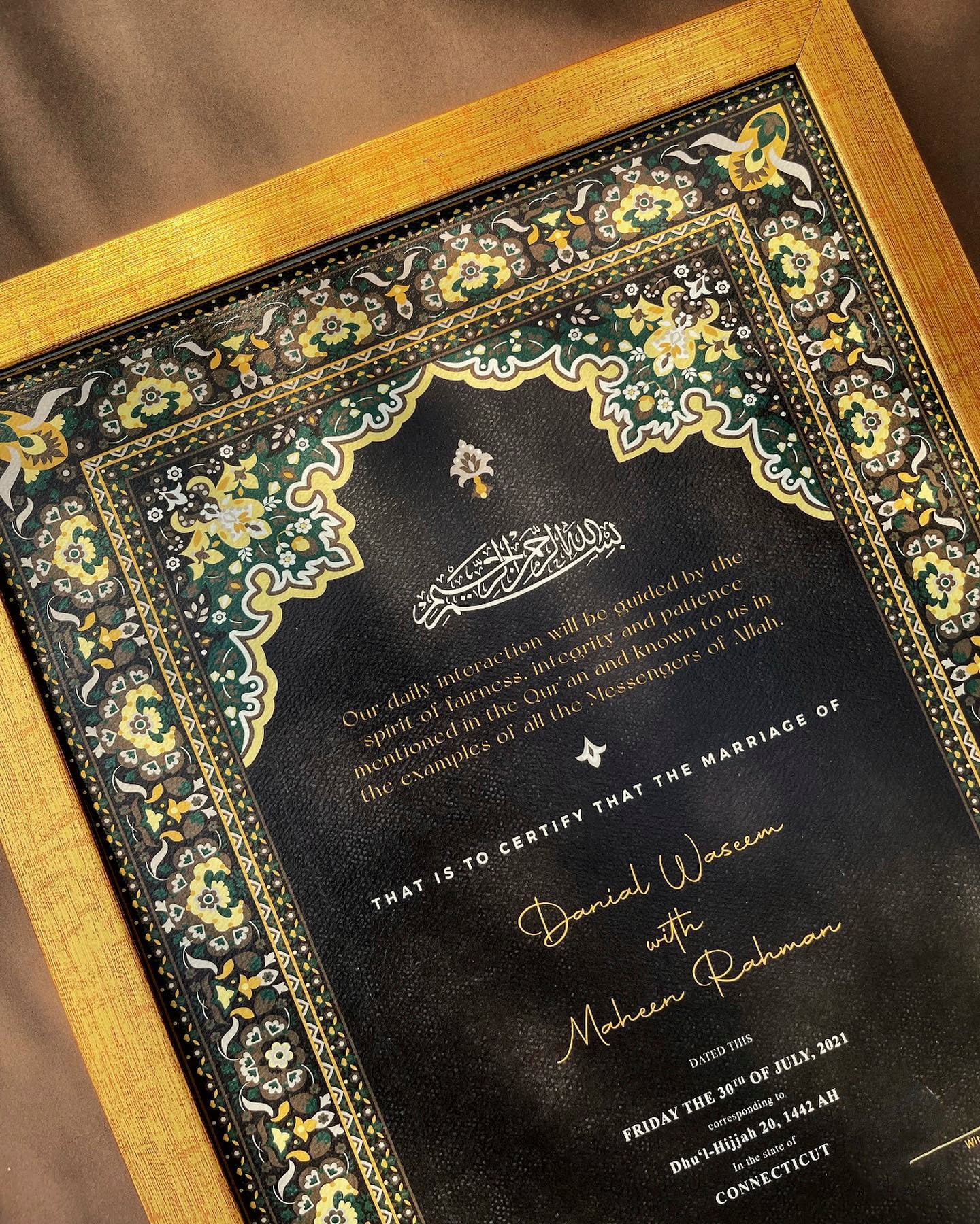 Blacked Customzied Frame With Gold Border Nikkah Frames & Nikkah Certificates